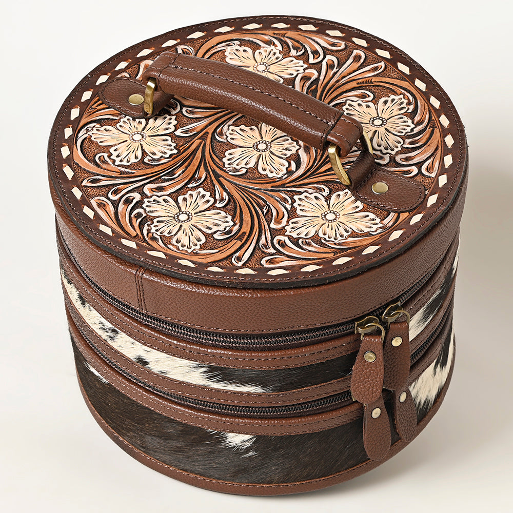 American Darling Western Leather Jewelry Case - Hand Tooled Floral Carved Full Grain Vegetable-Tanned Hair-On Cowhide Organizer