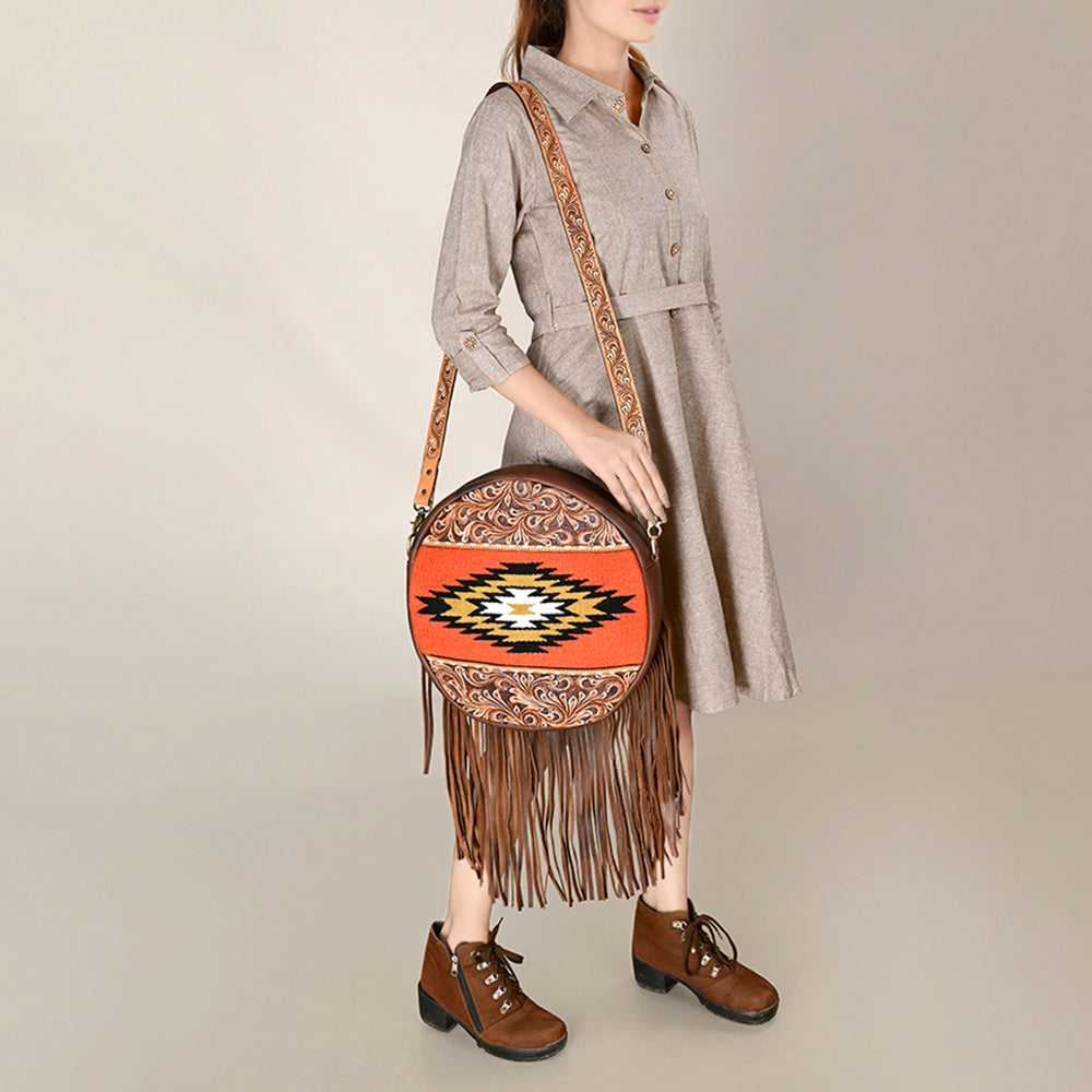 American Darling Hand Woven Saddle Blanket Canteen Bag Hand Tooled Leather Fringes Vegetable-Tanned Genuine Leather Western Crossbody YKK Zipper
