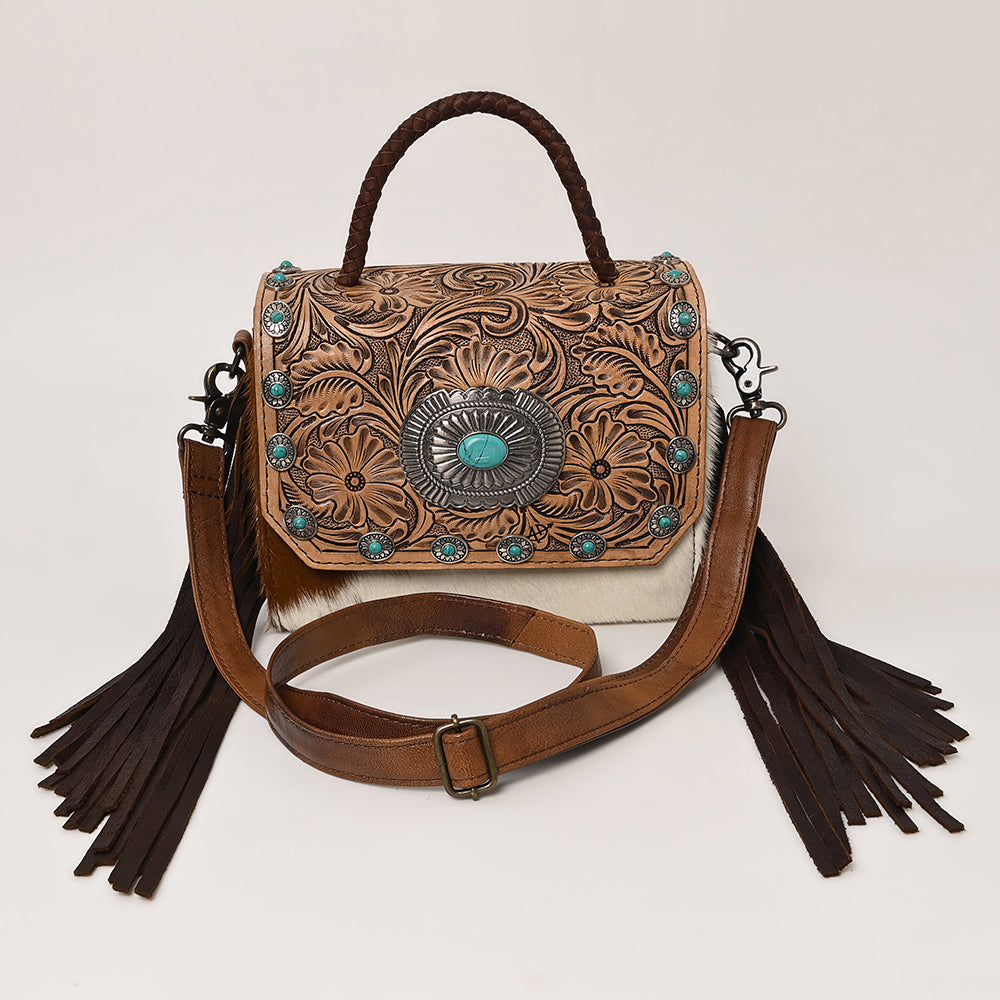 American Darling Western Leather Small Crossbody Bag with Hair-On Cowhide Fringes and Hand Woven Saddle Blanket Flap – Genuine Leather