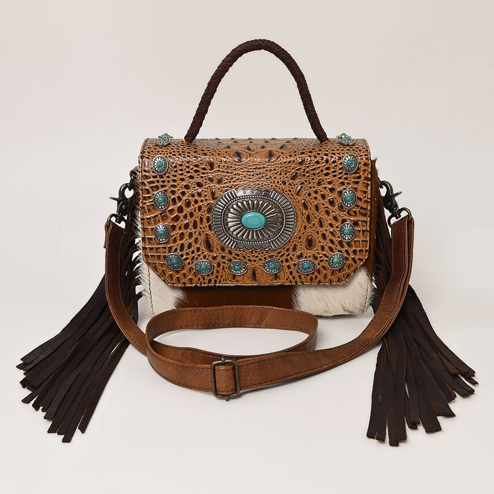 American Darling Western Leather Small Crossbody Bag with Hair-On Cowhide Fringes and Hand Woven Saddle Blanket Flap – Genuine Leather