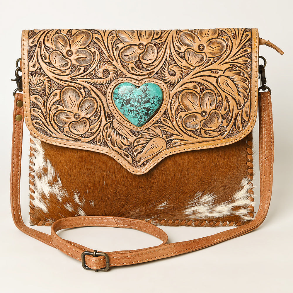 American Darling Hair-On Cowhide Western Leather Coin Purse with Hand-Tooled Floral Carving & Genuine Leather Construction