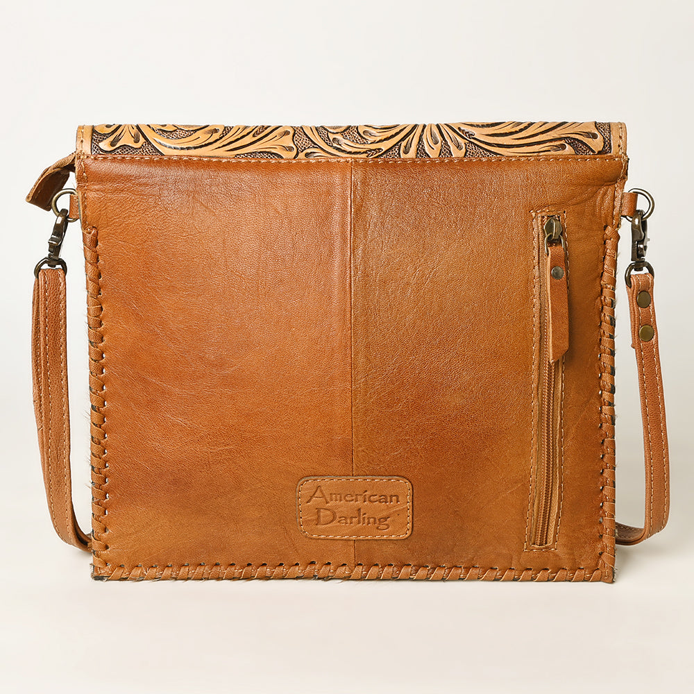 American Darling Hair-On Cowhide Western Leather Coin Purse with Hand-Tooled Floral Carving & Genuine Leather Construction