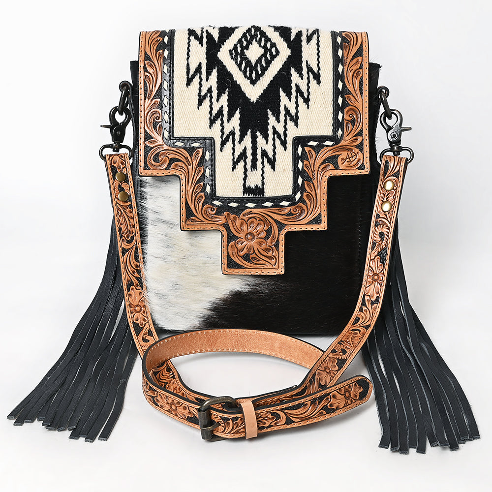 American Darling Messenger Bag for Women, Hand Tooled Floral Leather, Hair-On Cowhide, Woven Saddle Blanket, Genuine Leather