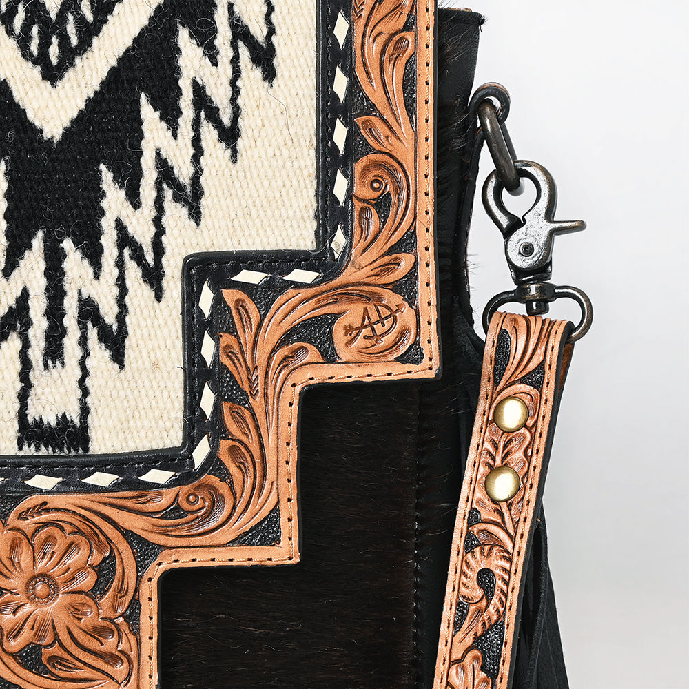 American Darling Messenger Bag for Women, Hand Tooled Floral Leather, Hair-On Cowhide, Woven Saddle Blanket, Genuine Leather