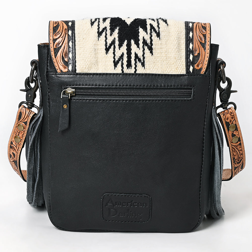 American Darling Messenger Bag for Women, Hand Tooled Floral Leather, Hair-On Cowhide, Woven Saddle Blanket, Genuine Leather