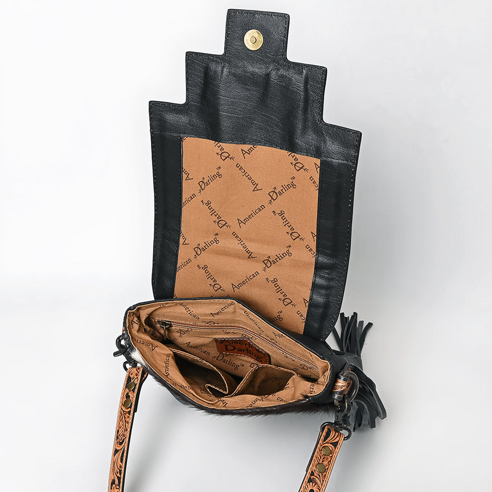American Darling Messenger Bag for Women, Hand Tooled Floral Leather, Hair-On Cowhide, Woven Saddle Blanket, Genuine Leather