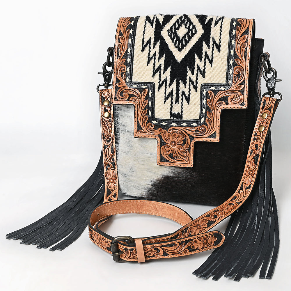 American Darling Messenger Bag for Women, Hand Tooled Floral Leather, Hair-On Cowhide, Woven Saddle Blanket, Genuine Leather