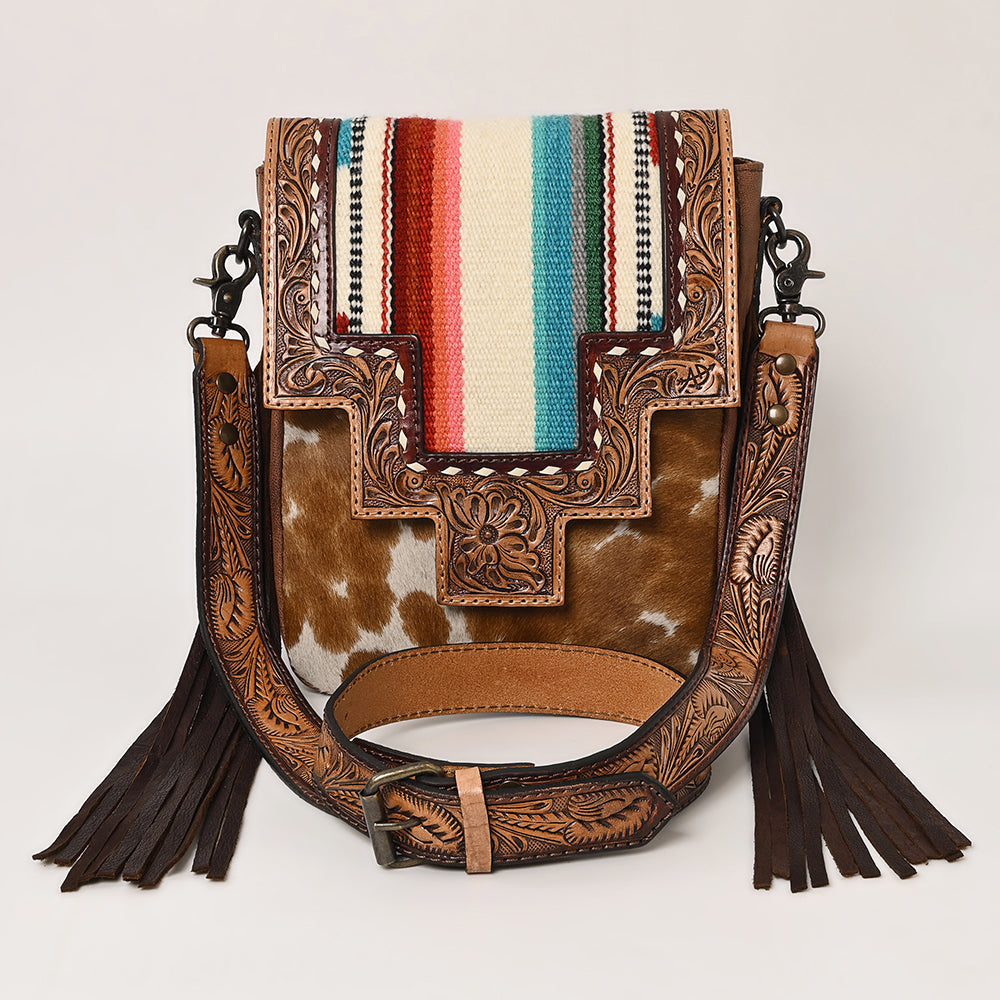 American Darling Messenger Bag for Women, Hand Tooled Floral Leather, Hair-On Cowhide, Woven Saddle Blanket, Genuine Leather
