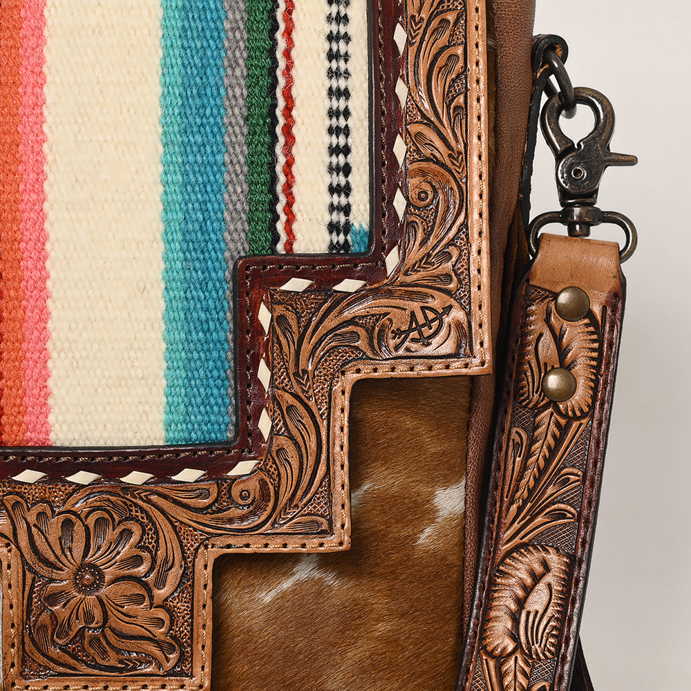 American Darling Messenger Bag for Women, Hand Tooled Floral Leather, Hair-On Cowhide, Woven Saddle Blanket, Genuine Leather