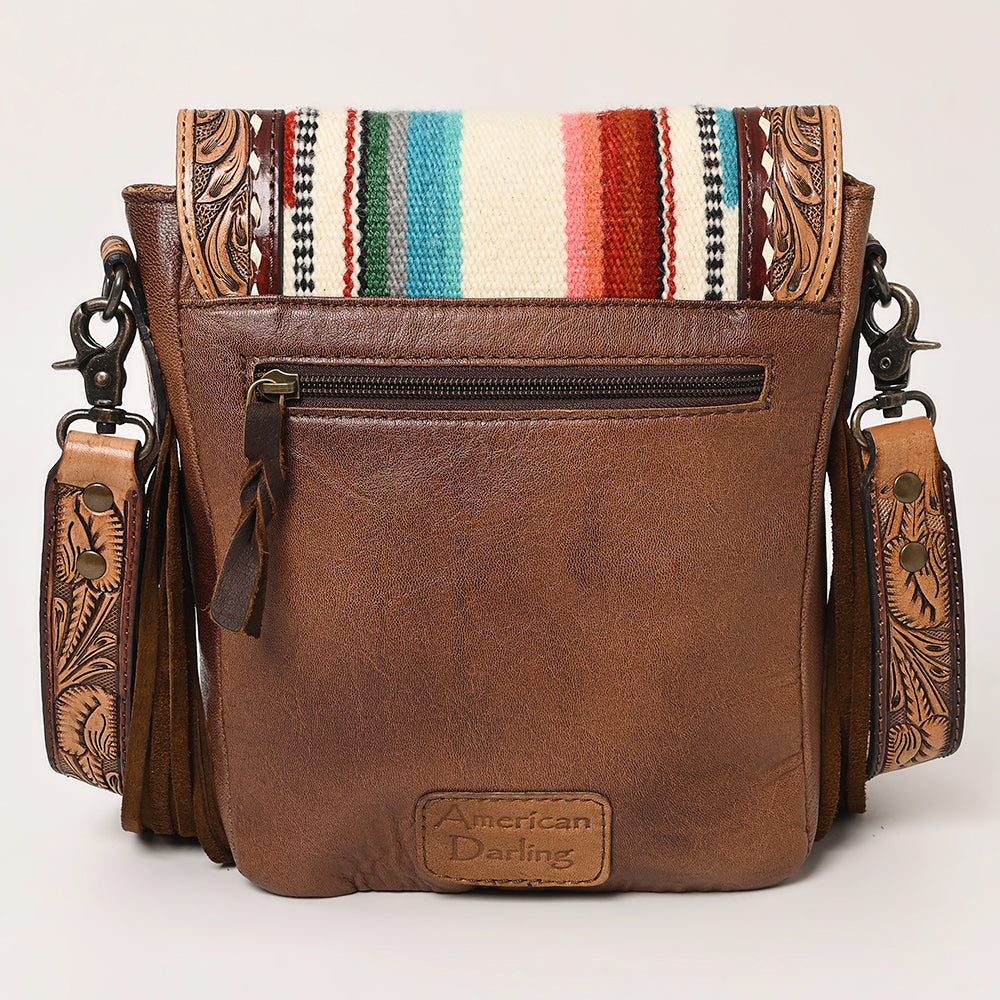 American Darling Messenger Bag for Women, Hand Tooled Floral Leather, Hair-On Cowhide, Woven Saddle Blanket, Genuine Leather