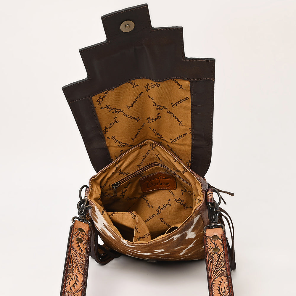 American Darling Messenger Bag for Women, Hand Tooled Floral Leather, Hair-On Cowhide, Woven Saddle Blanket, Genuine Leather