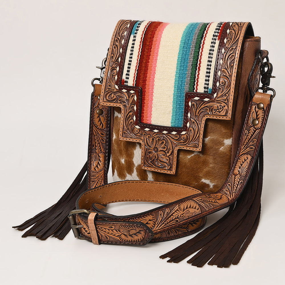American Darling Messenger Bag for Women, Hand Tooled Floral Leather, Hair-On Cowhide, Woven Saddle Blanket, Genuine Leather
