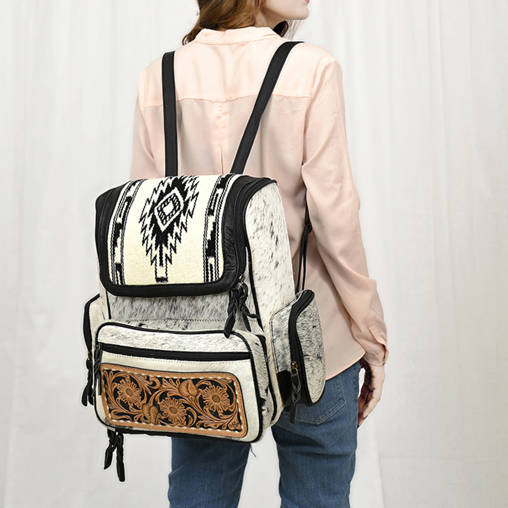 American Darling Backpack for Women, Hand Tooled Floral Leather, Hair-On Cowhide, Turquoise Concho, Genuine Western Leather