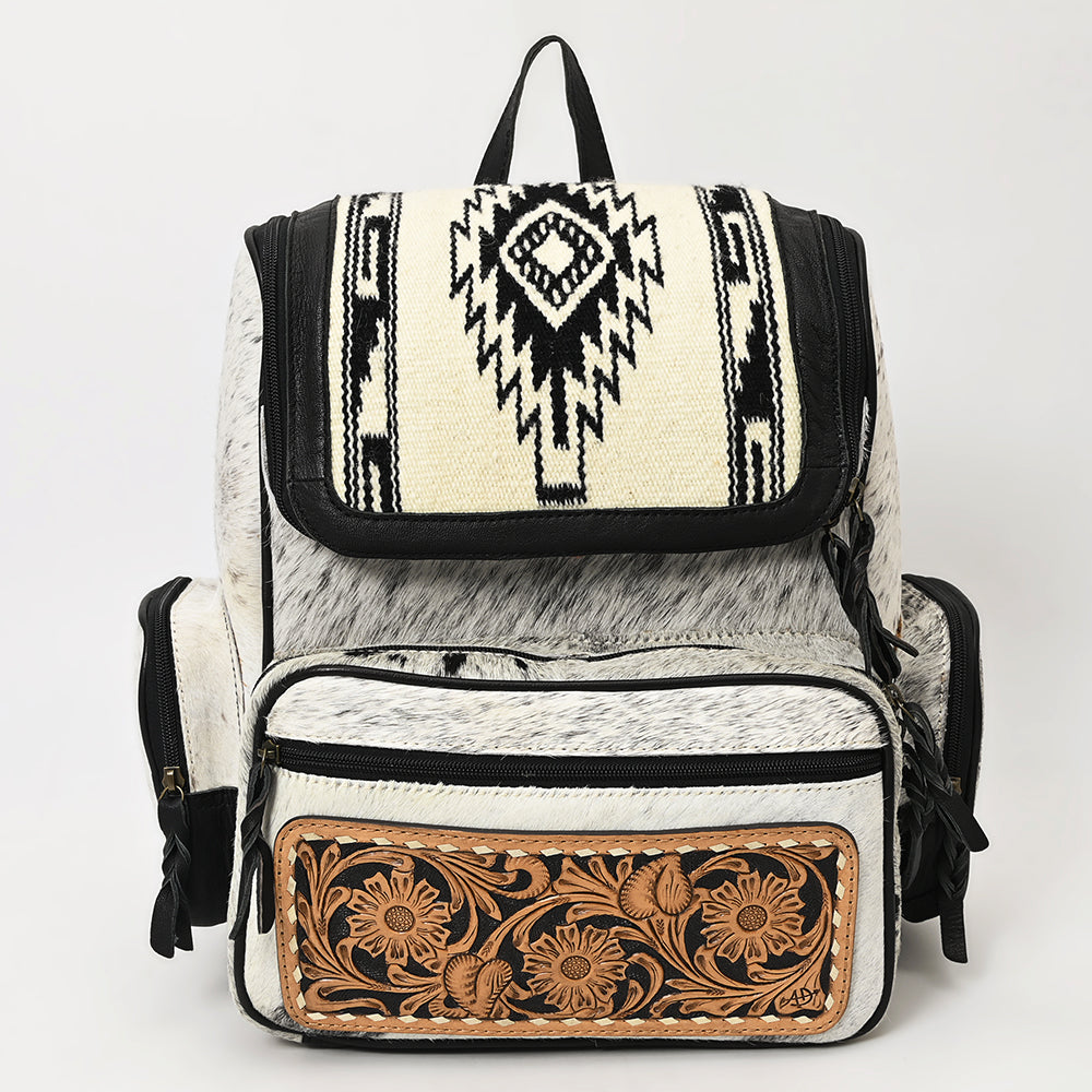 American Darling Backpack for Women, Hand Tooled Floral Leather, Hair-On Cowhide, Turquoise Concho, Genuine Western Leather