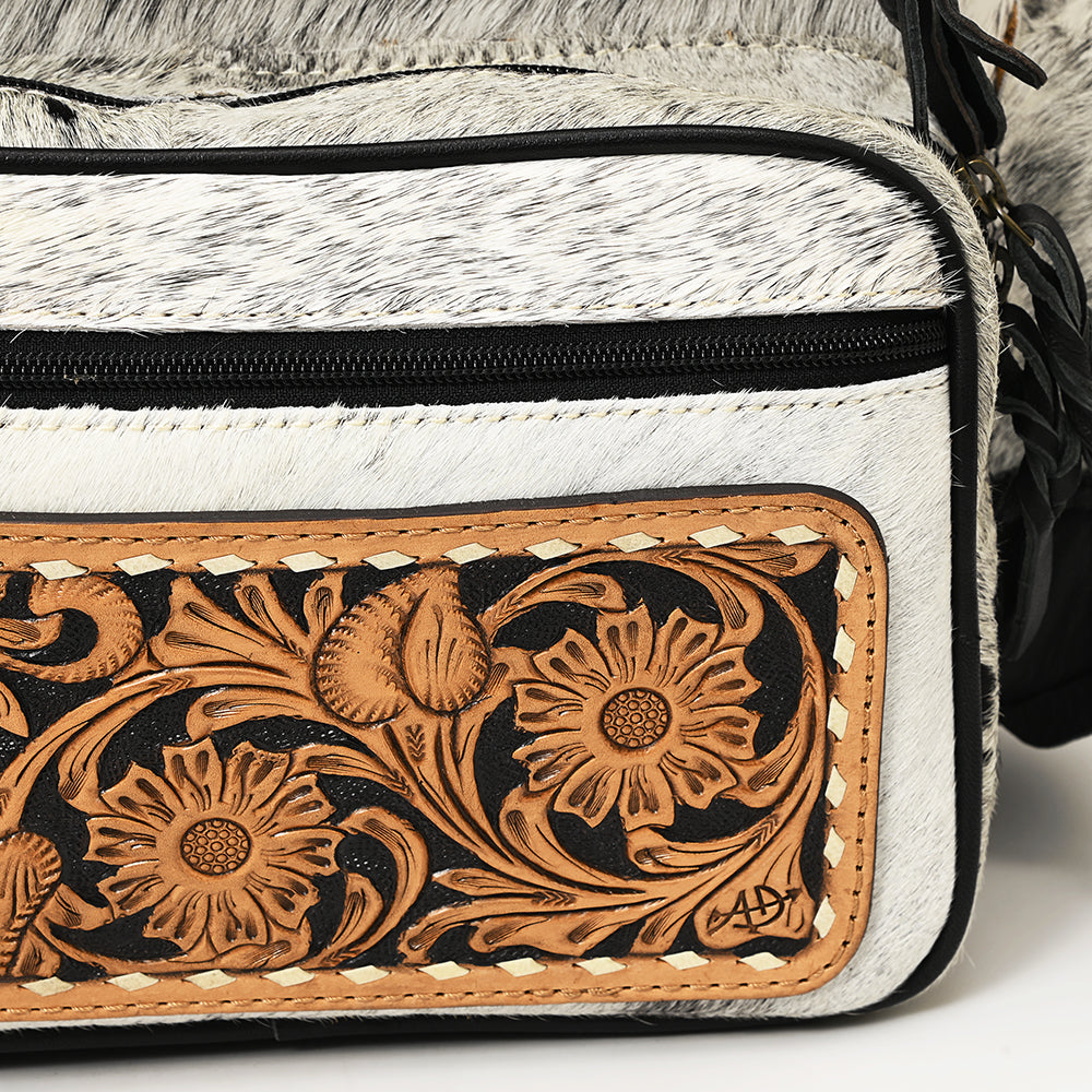 American Darling Backpack for Women, Hand Tooled Floral Leather, Hair-On Cowhide, Turquoise Concho, Genuine Western Leather