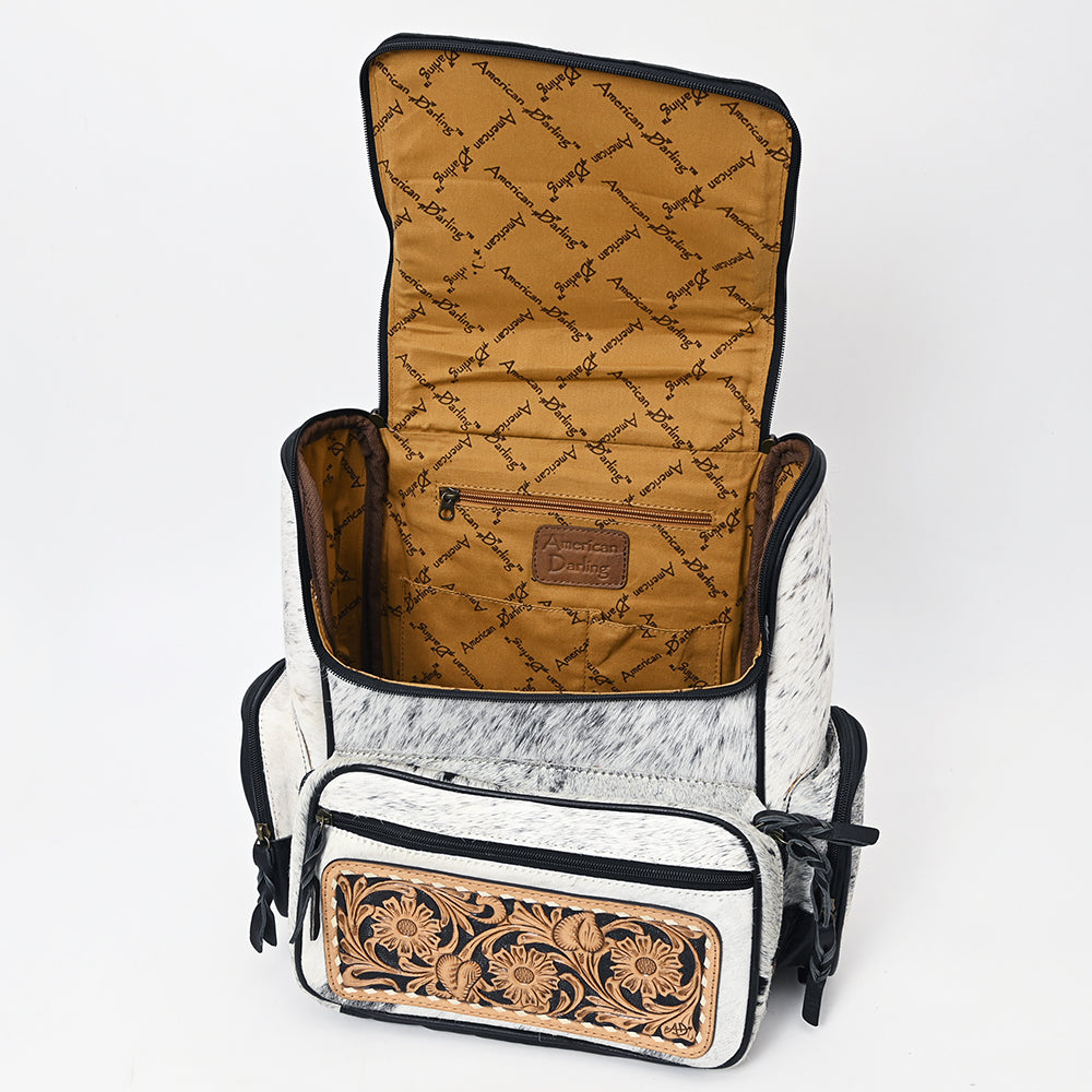 American Darling Backpack for Women, Hand Tooled Floral Leather, Hair-On Cowhide, Turquoise Concho, Genuine Western Leather