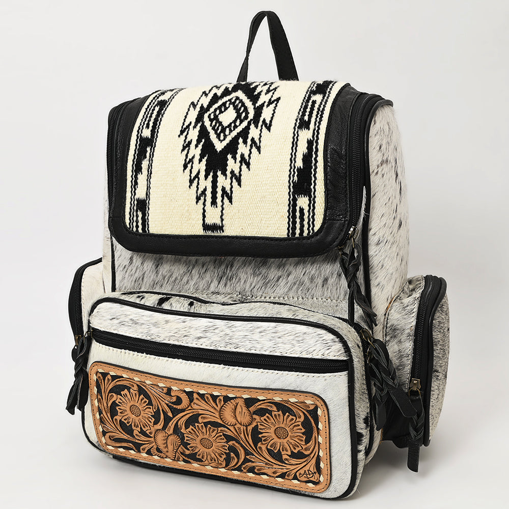 American Darling Backpack for Women, Hand Tooled Floral Leather, Hair-On Cowhide, Turquoise Concho, Genuine Western Leather