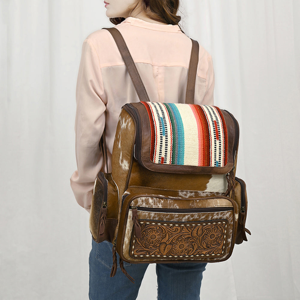 American Darling Backpack for Women, Hand Tooled Floral Leather, Hair-On Cowhide, Turquoise Concho, Genuine Western Leather