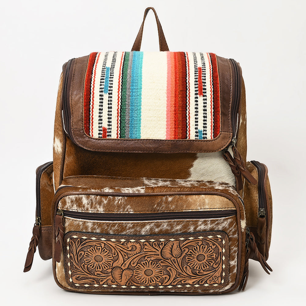 American Darling Backpack for Women, Hand Tooled Floral Leather, Hair-On Cowhide, Turquoise Concho, Genuine Western Leather