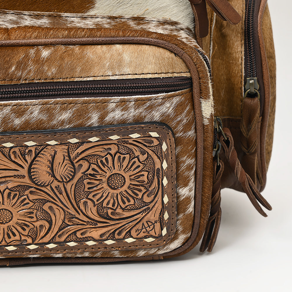 American Darling Backpack for Women, Hand Tooled Floral Leather, Hair-On Cowhide, Turquoise Concho, Genuine Western Leather