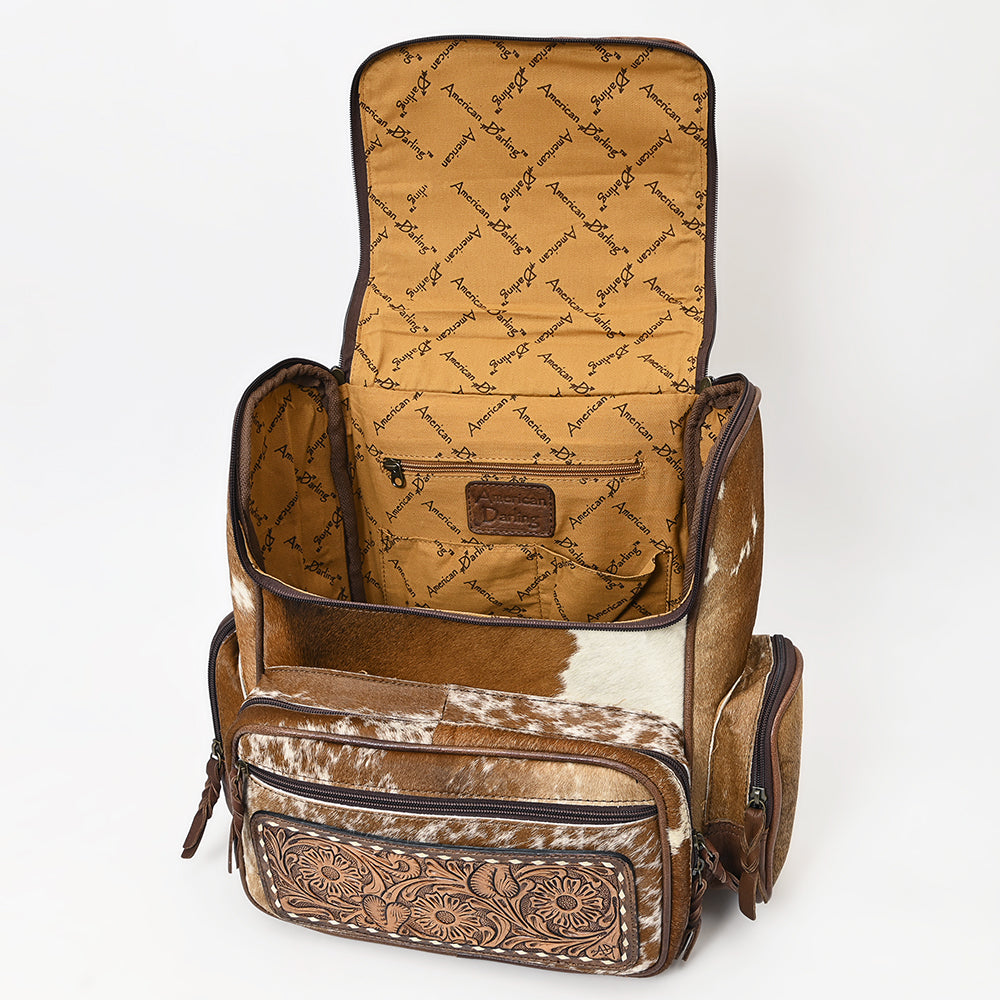 American Darling Backpack for Women, Hand Tooled Floral Leather, Hair-On Cowhide, Turquoise Concho, Genuine Western Leather