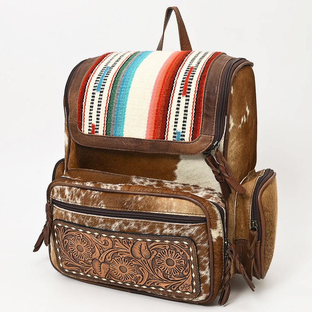 American Darling Backpack for Women, Hand Tooled Floral Leather, Hair-On Cowhide, Turquoise Concho, Genuine Western Leather