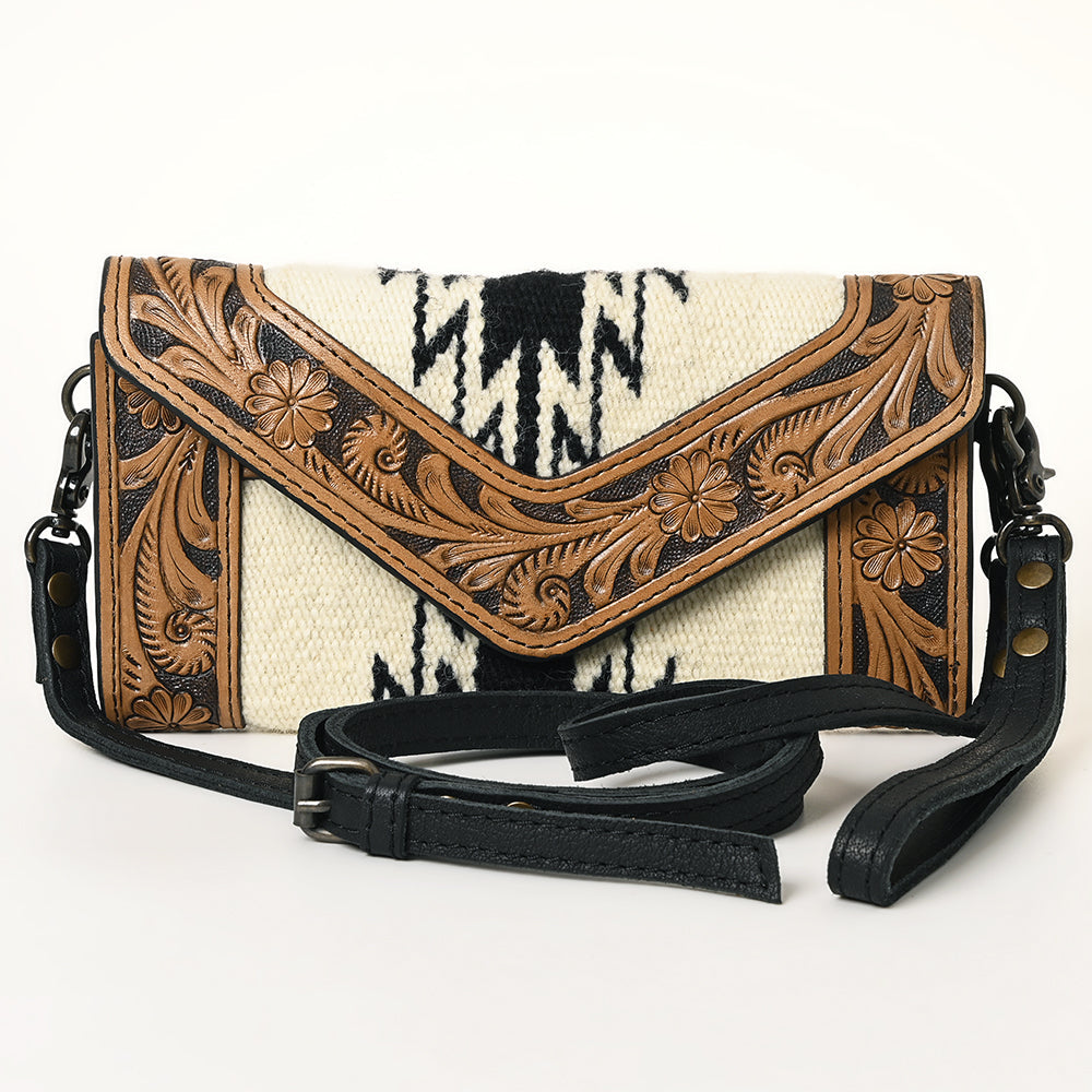 American Darling Envelope Western Hand Tooled Genuine Leather and Saddle Blanket Purse with Wristlet and YKK Zipper