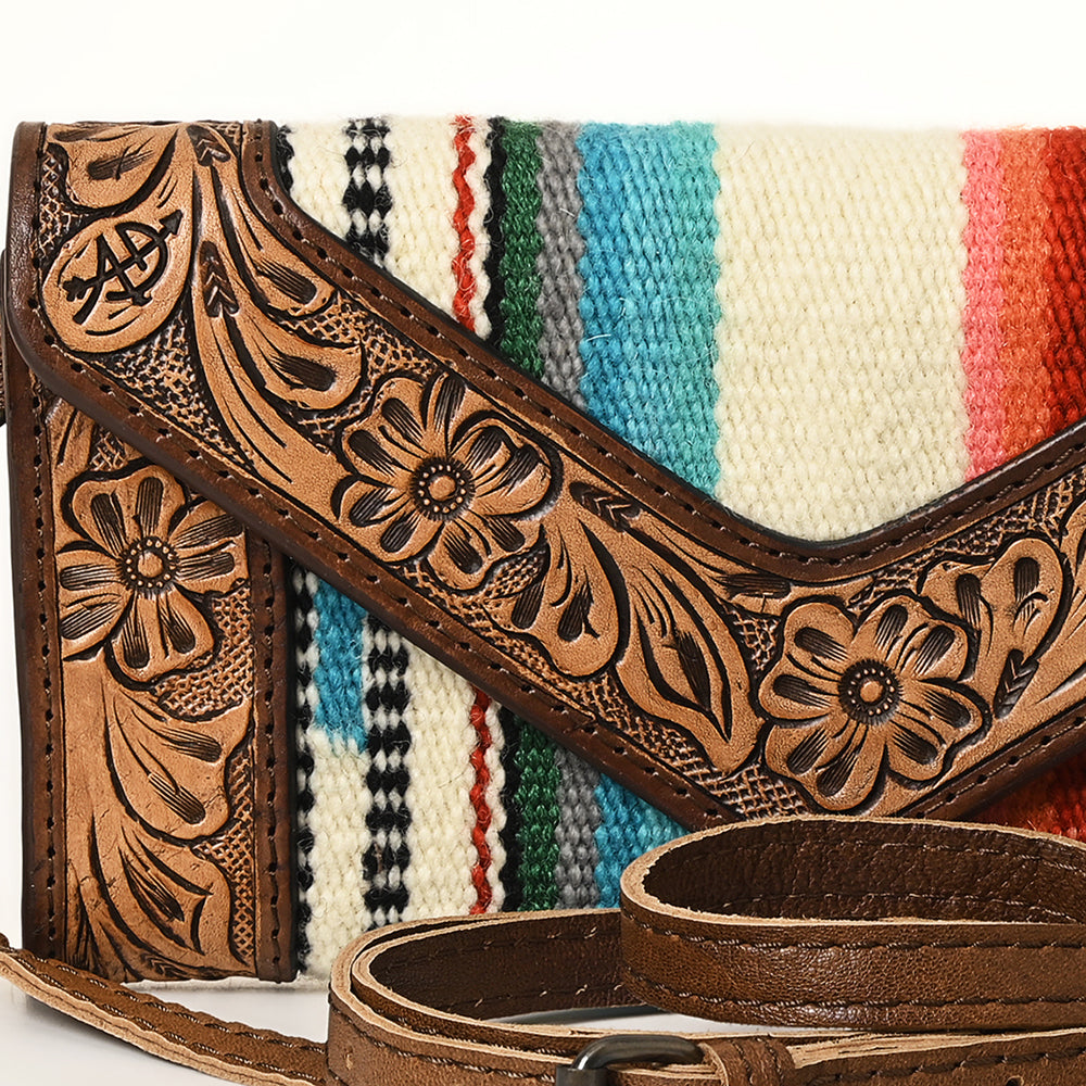 American Darling Envelope Western Hand Tooled Genuine Leather and Saddle Blanket Purse with Wristlet and YKK Zipper