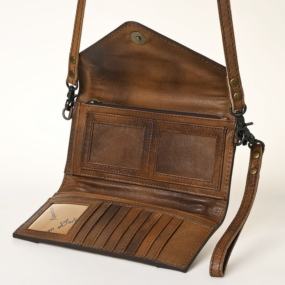 American Darling Envelope Western Hand Tooled Genuine Leather and Saddle Blanket Purse with Wristlet and YKK Zipper