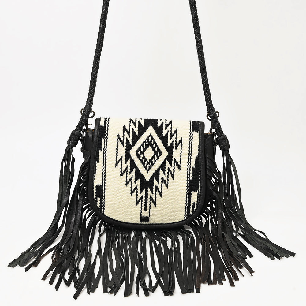 American Darling Western Leather Crossbody Bag with Fringe, Hand Woven Saddle Blanket Front & Genuine Leather Body