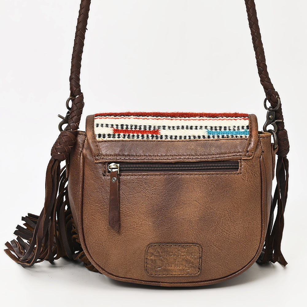 American Darling Western Leather Crossbody Bag with Fringe, Hand Woven Saddle Blanket Front & Genuine Leather Body