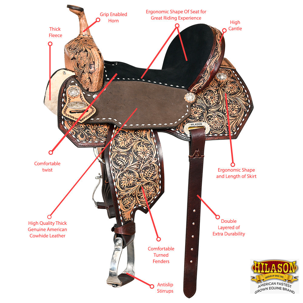 15 In Hilason Flex Tree Western Horse Buckstitch Floral Trail Barrel  American Leather Saddle Brown