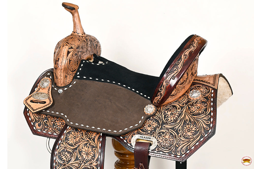 15 In Hilason Flex Tree Western Horse Buckstitch Floral Trail Barrel  American Leather Saddle Brown
