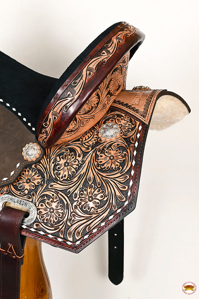 15 In Hilason Flex Tree Western Horse Buckstitch Floral Trail Barrel  American Leather Saddle Brown