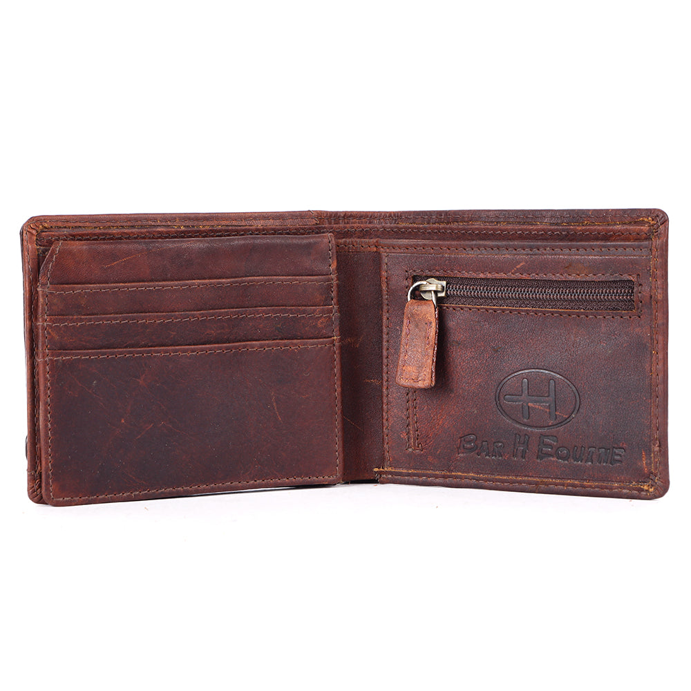 BAR H EQUINE Genuine Leather Hand Carved Rodeo Bifold Wallet For Men Women