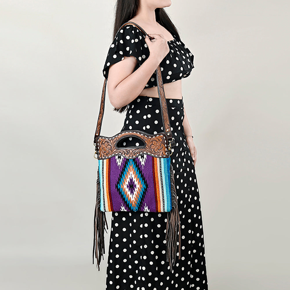 Ohlay Hobo Hand Tooled Upcycled Wool Genuine Leather