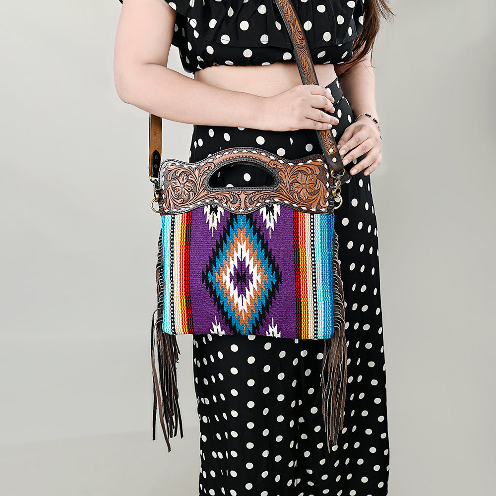 Ohlay Hobo Hand Tooled Upcycled Wool Genuine Leather