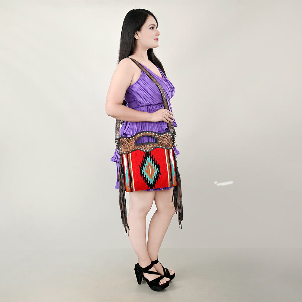 Ohlay Hobo Hand Tooled Upcycled Wool Genuine Leather