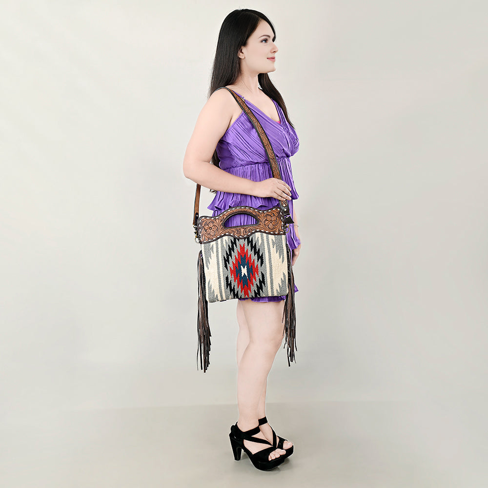 Ohlay Hobo Hand Tooled Upcycled Wool Genuine Leather