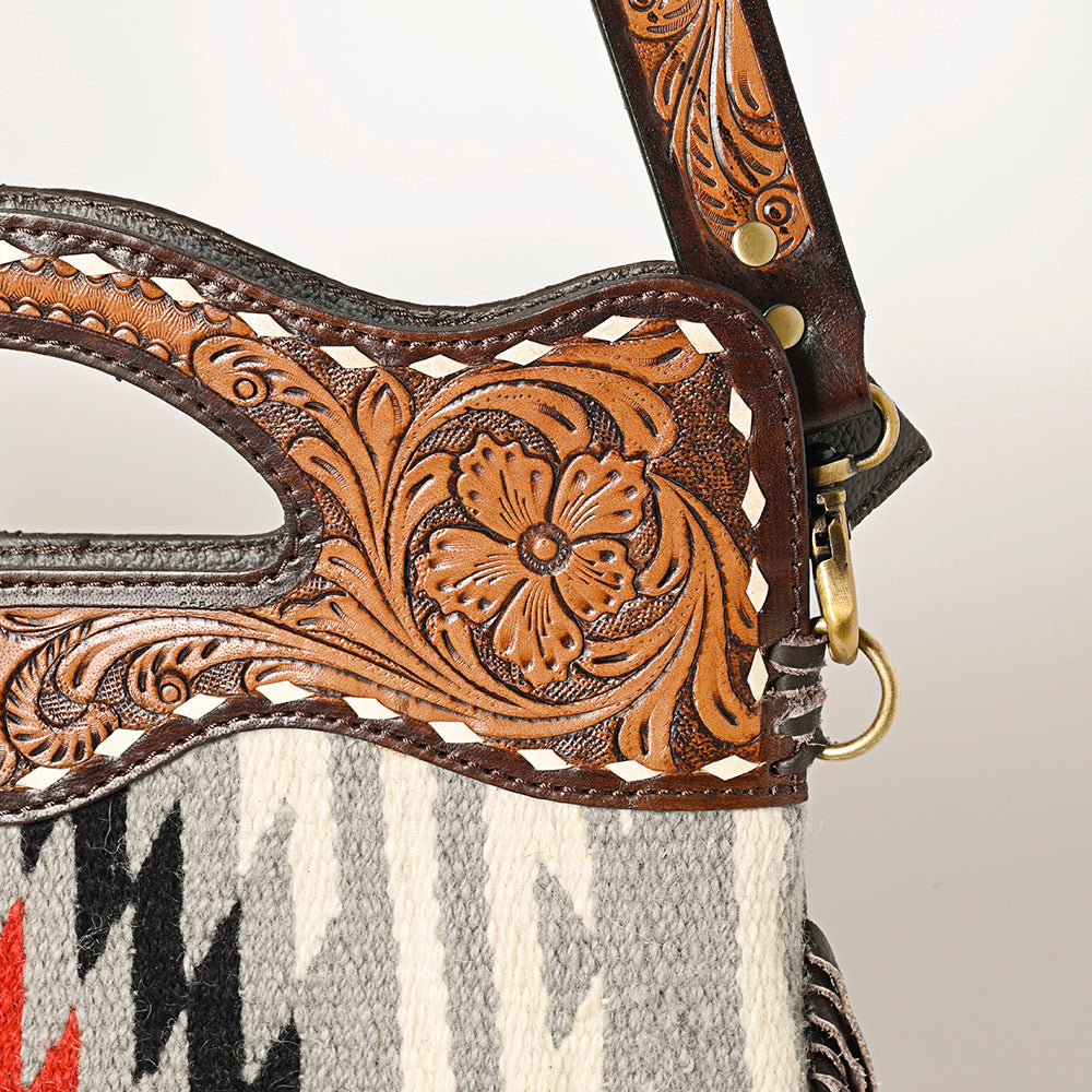 Ohlay Hobo Hand Tooled Upcycled Wool Genuine Leather
