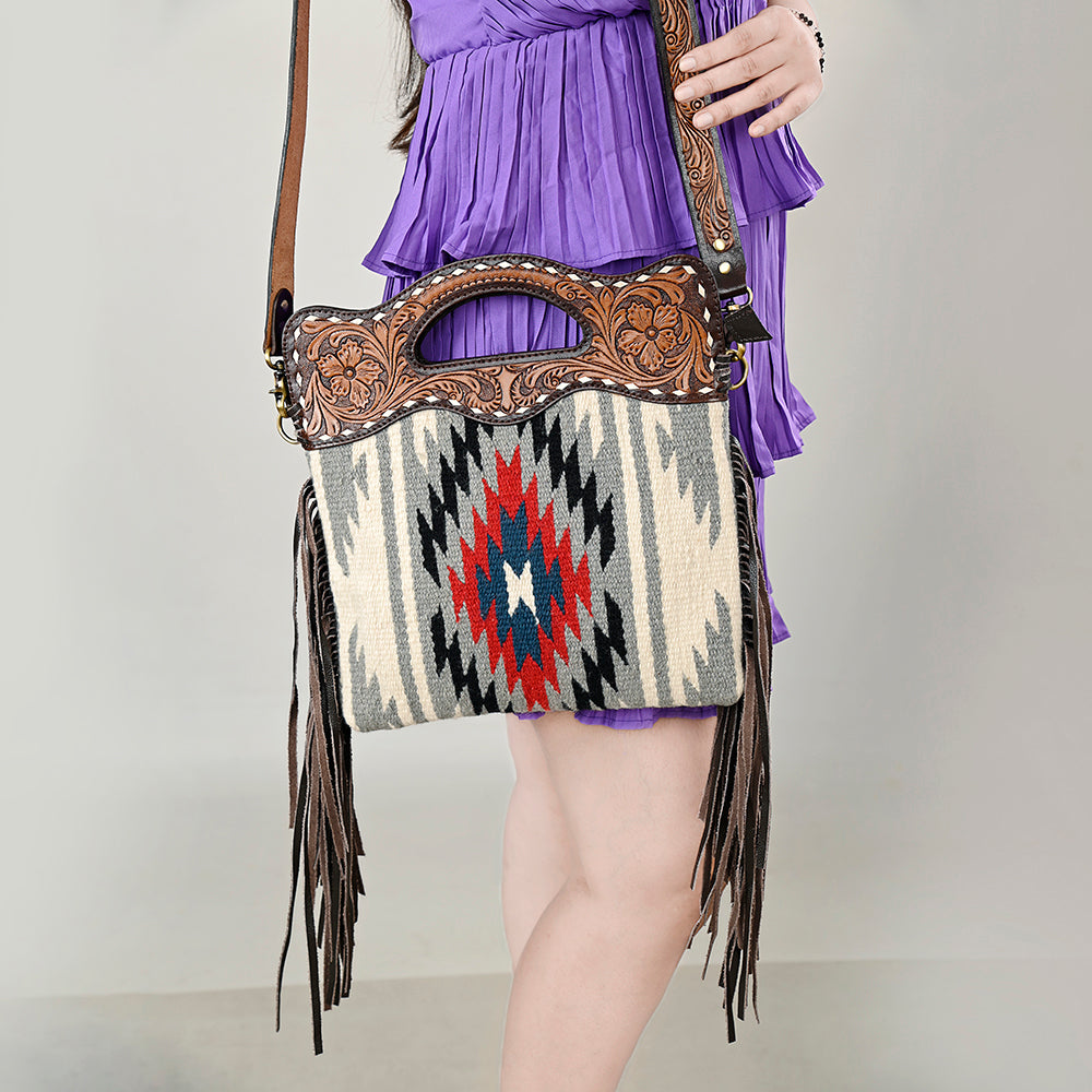 Ohlay Hobo Hand Tooled Upcycled Wool Genuine Leather