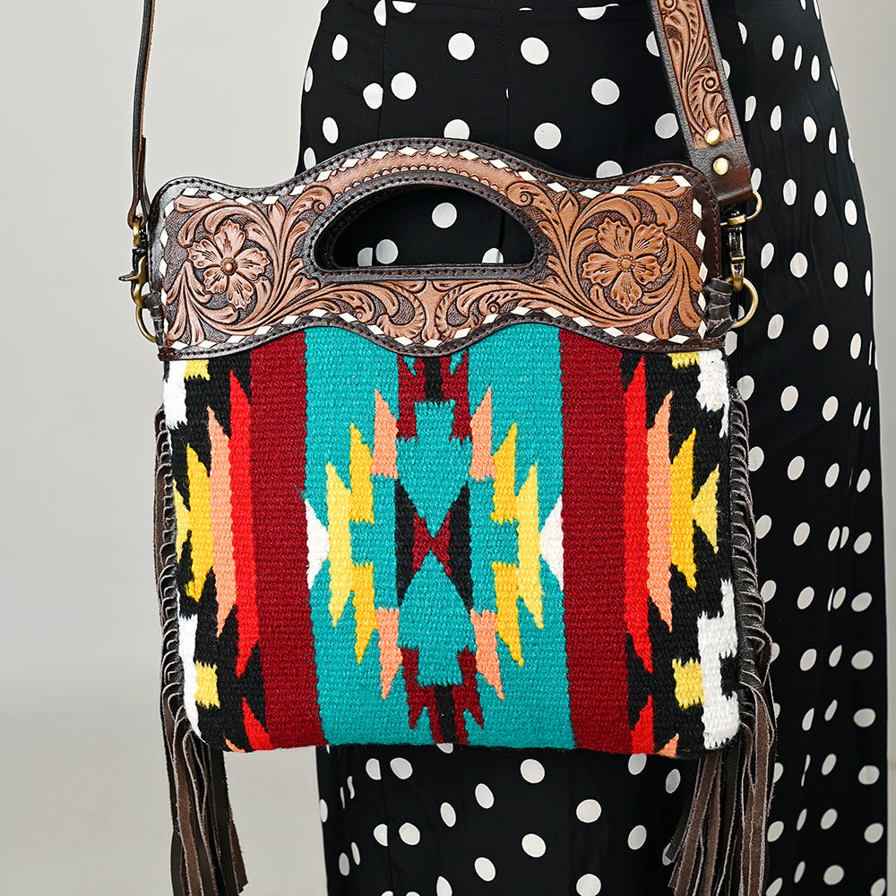 Ohlay Hobo Hand Tooled Upcycled Wool Genuine Leather