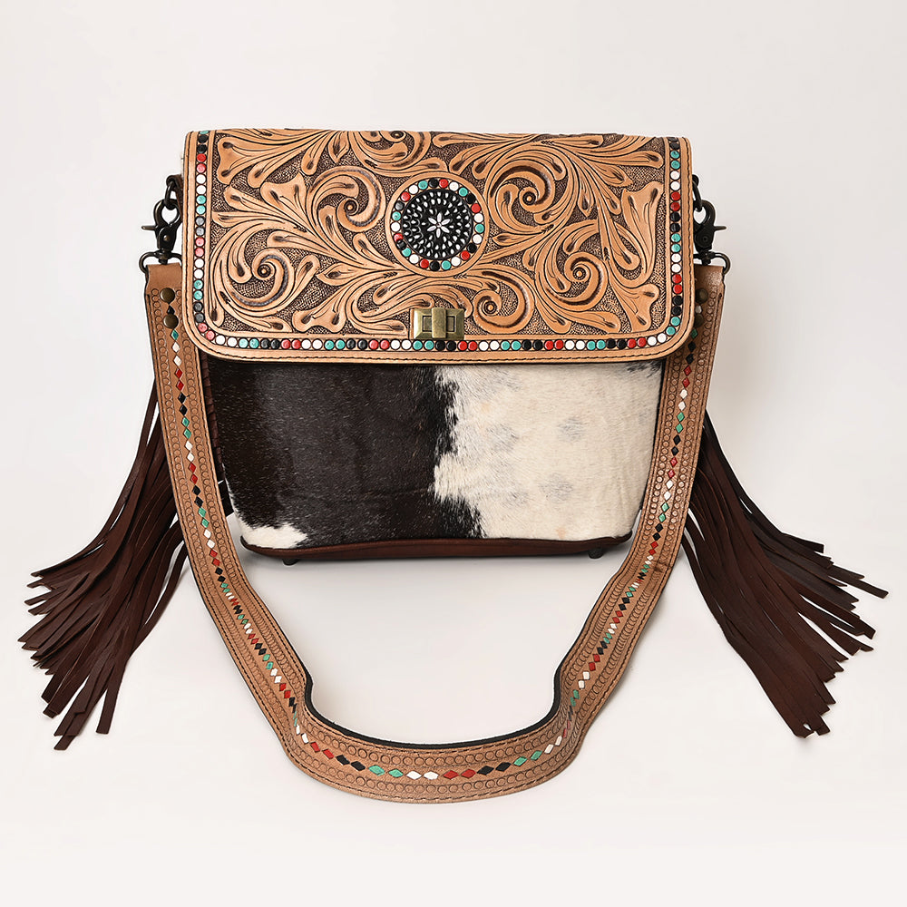OHLAY Hand-Tooled Hair-On Genuine Leather Crossbody Bag