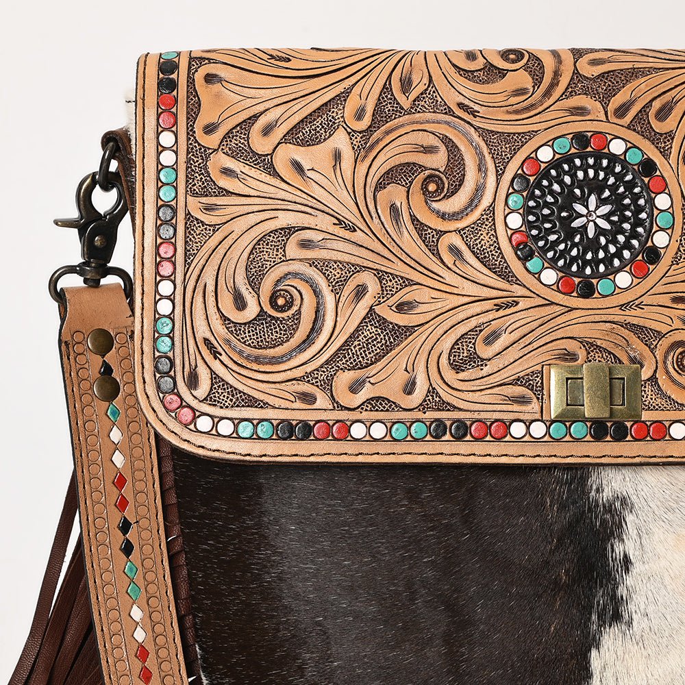 OHLAY Hand-Tooled Hair-On Genuine Leather Crossbody Bag