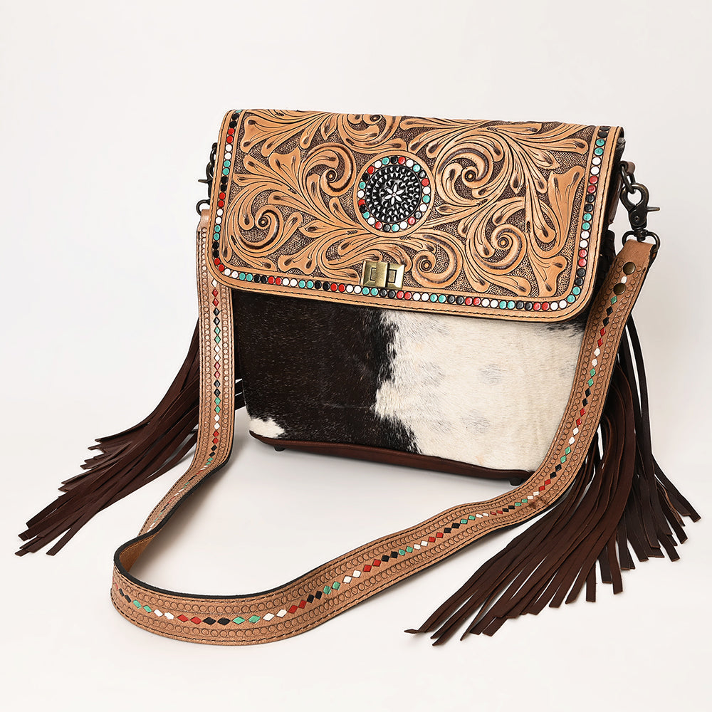 OHLAY Hand-Tooled Hair-On Genuine Leather Crossbody Bag
