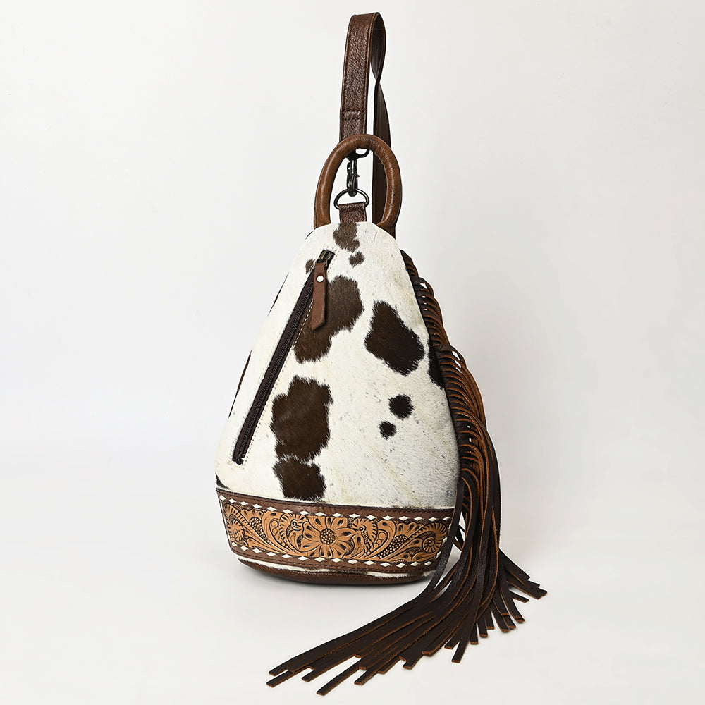 American Darling Western Cowhide Leather Sling Bag Hand-Tooled Floral Fringe Crossbody Genuine Leather Handmade Western Purse