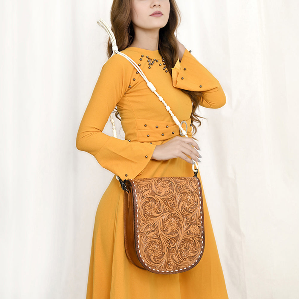 American Darling Hand-Tooled Western Leather Crossbody Bag | Genuine Leather Floral Carved Small Purse | 10in (H) X 14in (W) X 4.5in (D)
