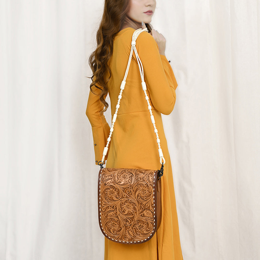 American Darling Hand-Tooled Western Leather Crossbody Bag | Genuine Leather Floral Carved Small Purse | 10in (H) X 14in (W) X 4.5in (D)