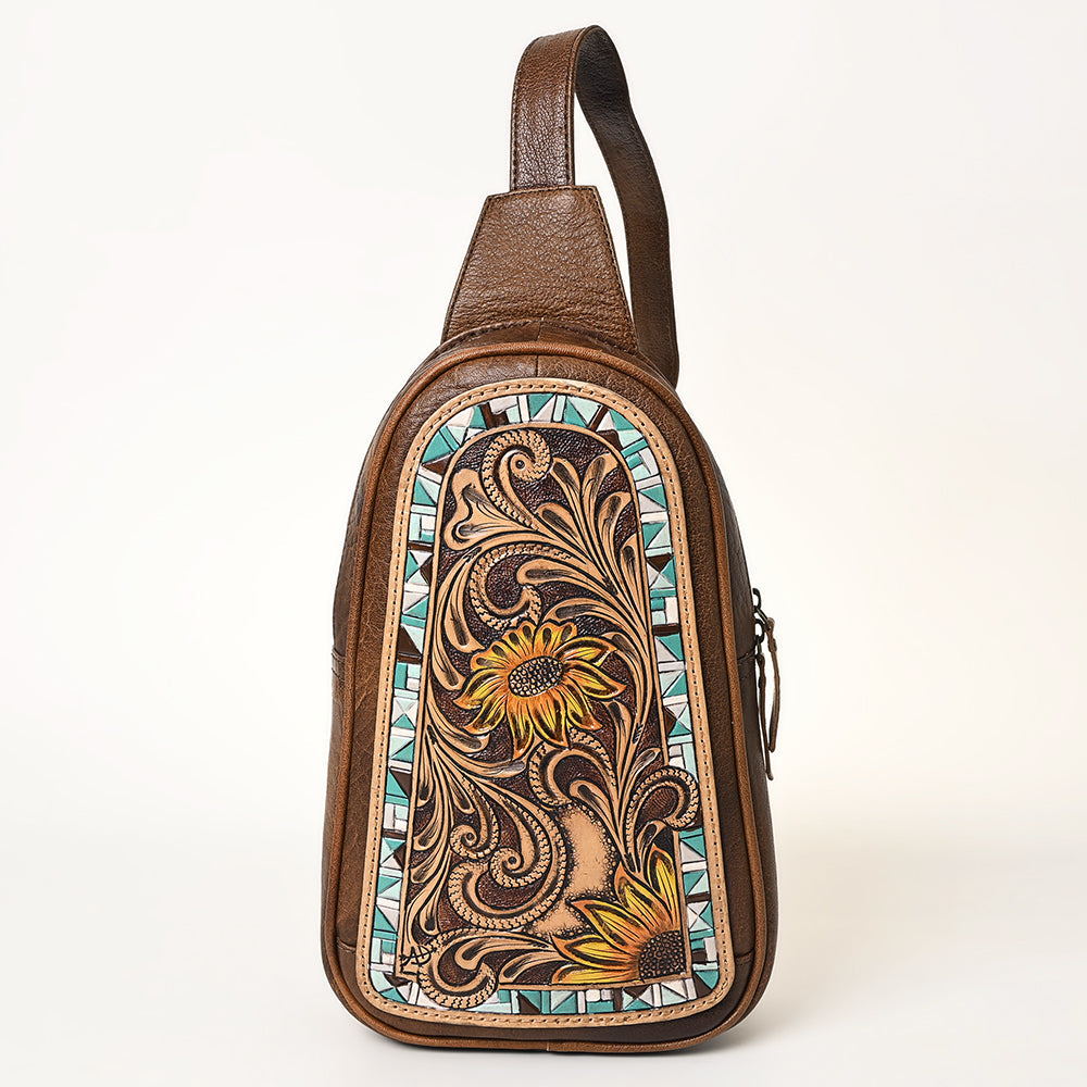 American Darling Hand-Tooled Leather Sling Bag – Genuine Leather Floral Carved Western Crossbody | 13in (H) X 8in (W) X 3in (D)