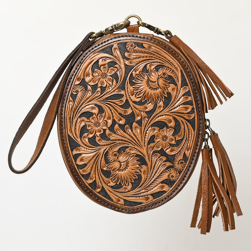 American Darling Western Leather Wristlet Bag - Eco-Friendly Vegetable Tanned Full Grain Leather Hand Tooled Floral Carved Tassel Purse